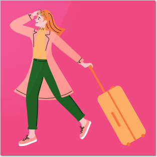 Happy Woman Solo Traveler with Luggage Posters and Art
